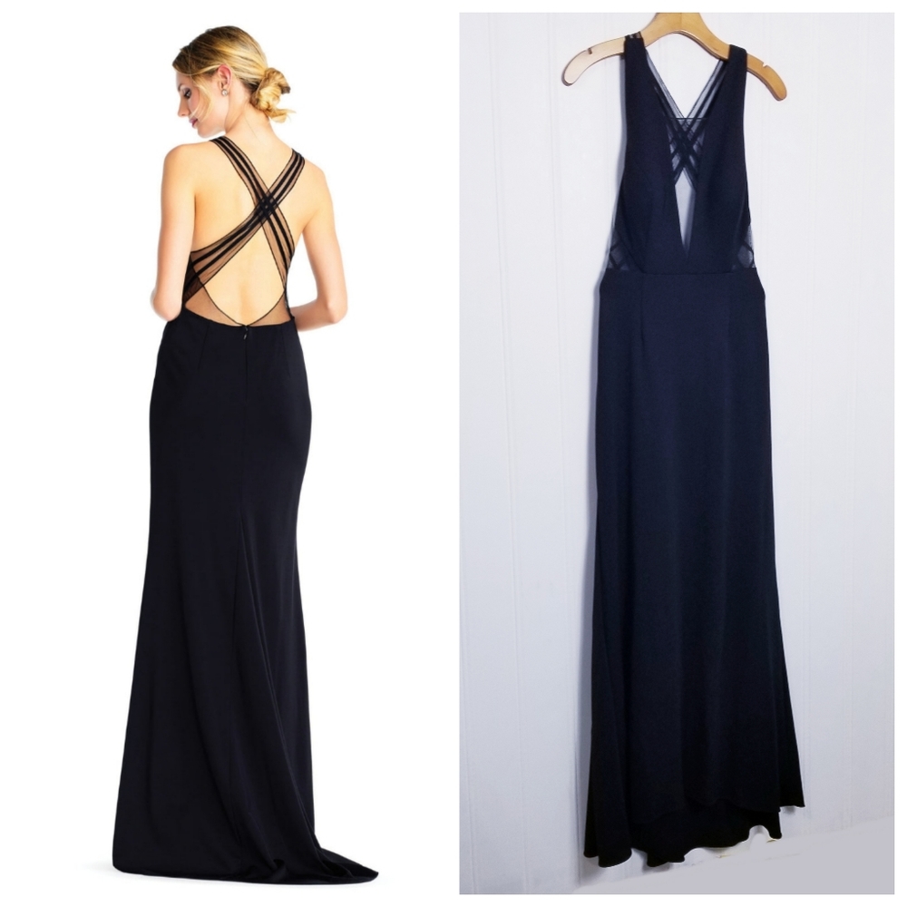 Adrianna Papell Navy Crisscross Back Maxi Dress